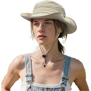 Womens Beige 100% Nylon Wide Brim With Adjustable Chin Strap Classic Bucket Hat